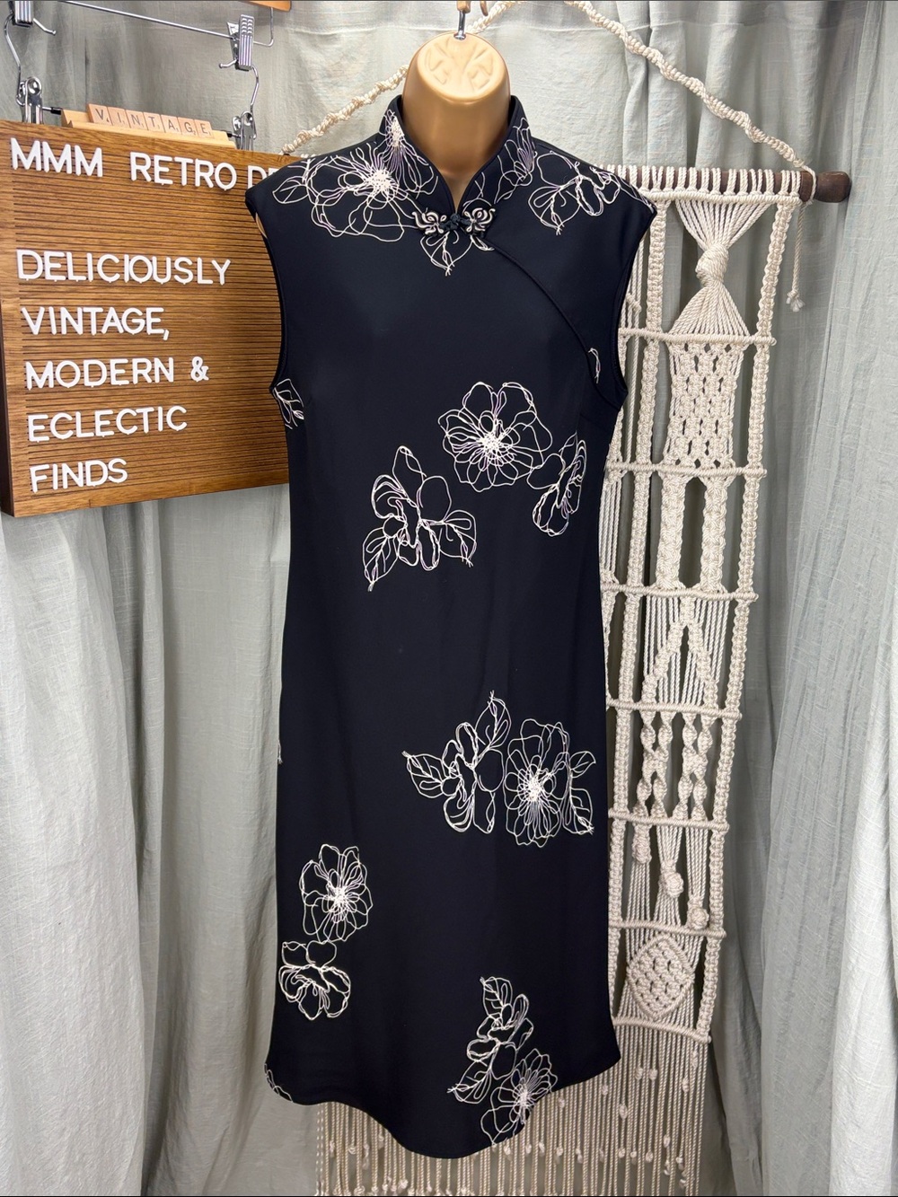 Evan Picone Black Floral Mandarin-Collar Midi Dress